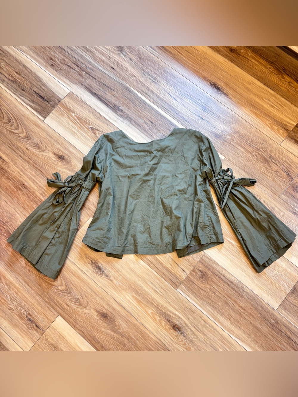 Free People Olive Green Bell Sleeve Crop Top‎ with Tie Back Detail